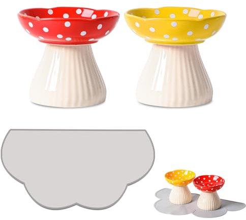Lot de 2 gamelles surélevées en forme de champignon avec silicone antidérapant pour chat, petit chien