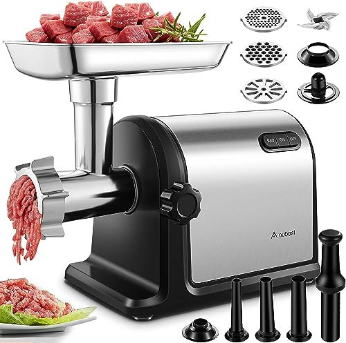 AOBOSI 3-In-1 Fleischwolf Elektrisch Mit 3 Edelstahl-Schleifplatten,1 Kubbe & 3 Wurstfüllrohren, [3000w Max |Size #10 ] Für Fleisch, Fleischwurst. Fleischwolf Edelstahl Mit Klingen.