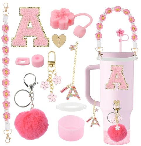 Stanley – Ensemble d'accessoires de tasse Stanley rose – Décoration de tasse Stanley avec breloques Stanley en silicone, sangle de poignée de bouteille d'eau, couvercle à paille Stanley, bottes en