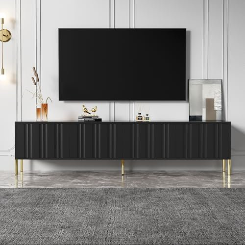 Merax Meuble TV bas noir mat avec pieds dorés - Meuble TV pour salon - Commode TV banc - Sans poignée - 190 x 38 x 48 cm