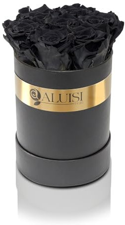 Aluisi Fiori - Rose Stabilizzate in Elegante Flower Box Nera - 7 Rose Nere - Rose Vere Eterne - Idea Regalo per Lei e per Lui per Anniversario, Compleanno, Matrimonio ed Eventi Speciali.