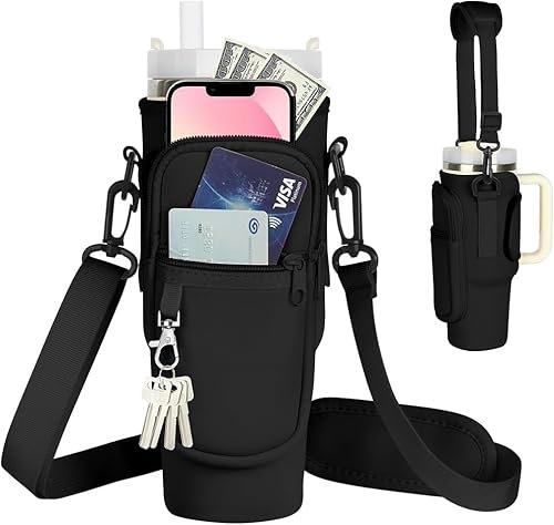 Porte-Bouteille Néoprène Étui avec Bandoulière Réglable Sac Fourre Tout avec PocheAccessoire Parfaitpour Bouteille en Acier Inoxydable en Plastique Étui avec 2 Poches Sangle pour Sport Pique Nique