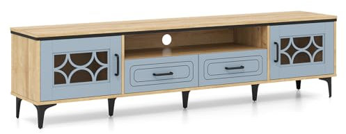 GIANTEX Mobile TV per TV fino a 80, supporto TV con scomparti aperti, armadi laterali e cassetti, 180,5 x 35 x 46 cm, porte con piano in PVC, per soggiorno, camera da letto (rovere+grigio)