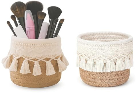 Zbozzba 2 Stück Khaki Pinselhalter,Boho Deko Aufbewahrungskorb, Kosmetik Organizer mit Quasten für Schminktisch, Korb Geflochten, Mini Make Up Behälter zur Aufbewahrung von Schminkpinseln, Eyeliners