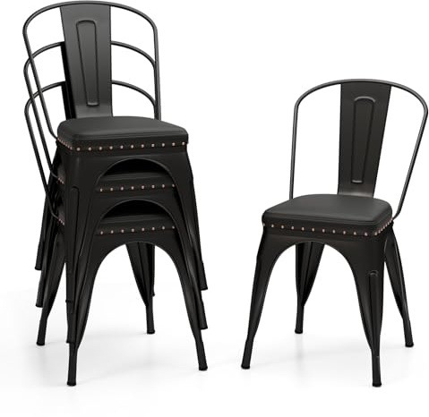 GIANTEX Juego de 4 Sillas de Comedor de Metal Apilables, Asiento Acolchado y Respaldo Desmontable, Carga hasta 150 kg, Sillas de Estilo Industrial para Restaurante, Cafetería, Bistró (Negro)