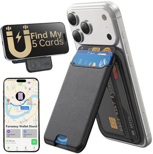 Fanseesy for MagSafe Wallet, Works with Apple Find My,5 Card Holder with Stand, Magnetic Phone Wallet Stand for iPhone 17/16/15/14/13/12 Pro Max Air Plus, RFID Blocking Vegan Leather,Black