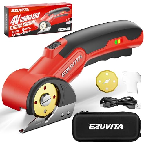 EZUVITA 4V Cordless Electric Scissors with LED Light, Rechargeable Cardboard Box Cutter, Wrench, Storage Bag & Titanium-Coated Replacement Blade for Fabric, Leather, Carpet & Plastic (Red)