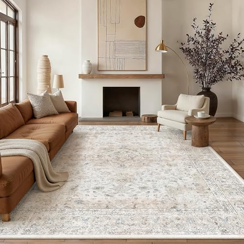 PureCozy Teppich Wohnzimmer 200x300cm Vintage Waschbarer Beige Tepich | Rutschfest Kurzflor,Weich Cream Teppiche,Wohnzimmerteppich,Schlafzimmer,Esszimmer,Büro,Kinderzimmer