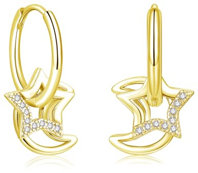 Estrellique Ohrringe Silber 925, Hypoallergen 925 Sterling Silber Creolen | Creolen mit Sonne Sterne Mond Herz Anhängern, Leichte Huggie Ohrringe Silber mit CZ Anhängern, Geschenk für Mädchen Frauen