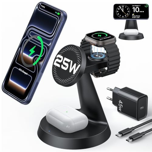 Meifigno 25W 3-in-1 Induktive Ladestation für Apple Watch und iPhone, Black | Kompatibel mit Magsafe, Wireless Charger für iPhone 17 16 15 14 13 12 Pro Max/ Apple Watch/ AirPods Pro 3 2, mit 45W Adapter