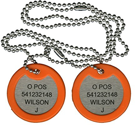 Graphotype™ Edelstahl Militärischen Erkennungsmarken: 2 runden personalisierten Erkennungsmarken im Armeestil und Kugelkette & Schalldämpfern
