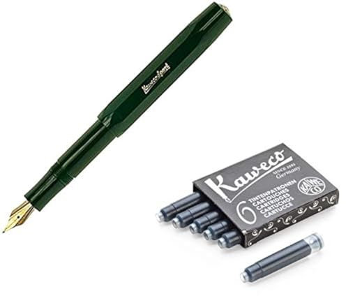 Kaweco Classic Sport Fine Nib Fountain Pen + Pack of 6 Black Ink Cartridges Set (Green)