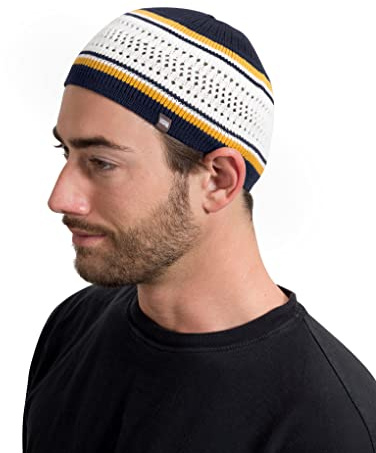 Atmungsaktive Baumwolle Dehnbare Schädelmütze Kufi Hüte für Männer in coolen Designs | Helmeinlage | Muslimische Ramadan-Geschenke Eid Geschenke, Marineblau und Weiß mit goldfarbenen Streifen