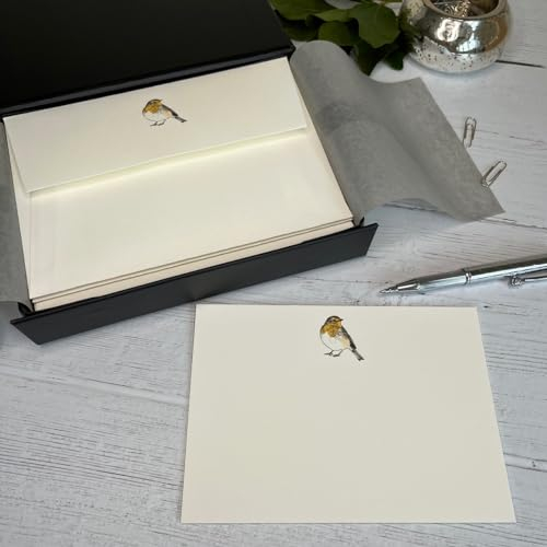 Wagtail Designs Notizen mit Rotkehlchen-Illustration in einer schönen schwarzen Box mit Schleife (Paket mit 20 Notizen und Umschlägen)