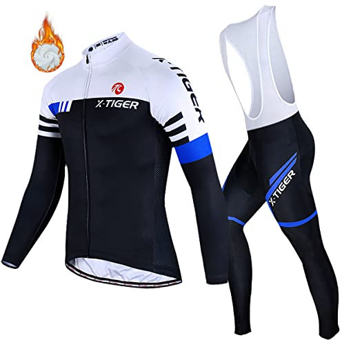 X-TIGER Homme Maillot Cyclisme Manches Longues Vestes de Cyclisme Coussin Rembourrés en Gel 5D Pantalons Vélo VTT Vêtements Respirant Automne Hiver Thermique Polaire Maillot Vêtements Coupe Vent