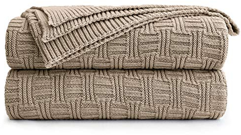 Longhui bedding Cotton Khaki Cable Knit Throw Blanket for Couch Sofa Bed with Bonus Laundering Bag – Large 60 x 80 Thick, 3.4 LB, Machine Washable, Comfortable Home Décor