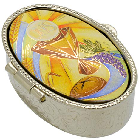 Boîte à chapelet, porte hostie, custode, boite hostie malade Calice Communion, en métal argenté -, 5x3,5cm - Motif II
