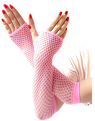 Egurs Damen Mädchen Fischnetz Netz Lang Handschuhe Fingerlos Pink