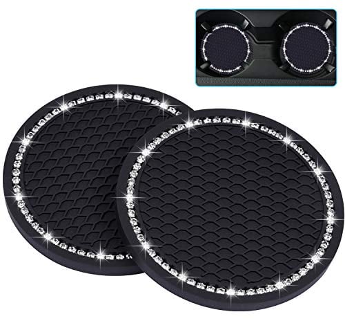 Wisdompro Bling Car Coasters, 2 Pack PVC Car Cup Holder Gadget Auto Insert Coaster - Anti Slip Universal Vehicle Interior Accessories Sparkly Crystal Cup Mats for Women and Men (2.75 Diameter) Black