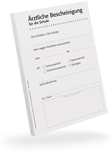 Schulbescheinigung für Ärzte, 5 Blöcke, je 50 Blatt, A6, für Ihren Praxisdrucker oder zur Handbeschriftung