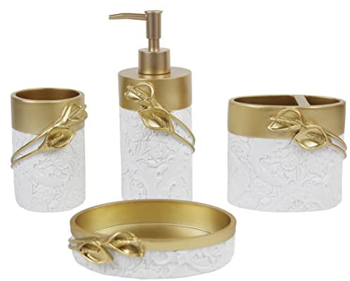 Hymmah Badezimmer-Zubehör-Set, goldenes Design, Zahnbürstenhalter, Bauernhaus-Badezimmer-Dekoration, 4-teiliges Kunstharz-Geschenk-Set, Wohnungsbedarf, enthält Zahnbürstenbecher, Seifenspender,