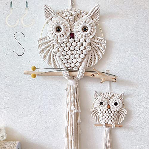 Eulen Wandteppich Kunst Dekoration Boho Makramee Wandbehang Ornamente, Dekorationen für Schlafzimmer Wohnzimmer Kinderzimmer Galerie Zuhause Wohnung Büro oder Garten Outdoor, 2 Stück