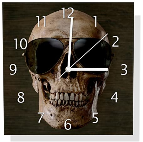 Wallario Design Wanduhr Totenschädel mit Cooler Sonnenbrille aus Aluverbund, Alu-Uhr Größe 30 x 30 cm, weiße Zeiger mit Metalloptik