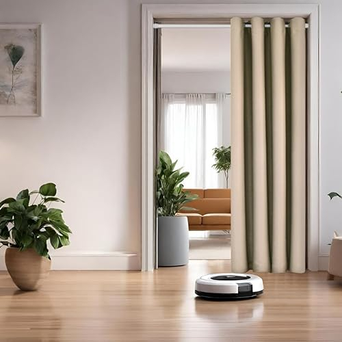 tinycurtains, Türvorhang mit Teleskopstange, einfache Montage in nur 1 Minute ohne Bohren (Türgardine beige H195 x B150 cm + Stange weiß B70-120 cm)