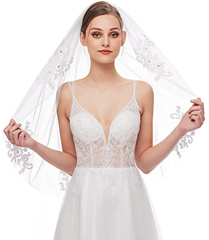 IYOU Spitze Frauen Braut Schleier Weiß Kurz Tüllschleier 1 Stufe Party Braut Schleier mit Kamm zum Frauen Hochzeit Jubiläum (White)