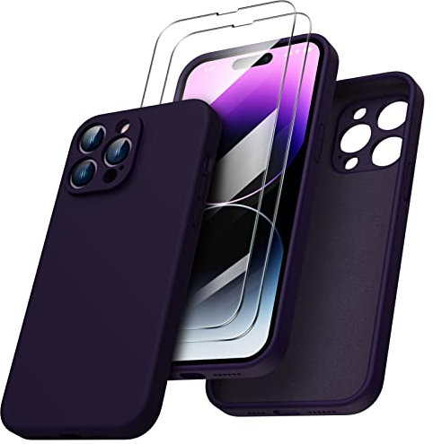 ORNARTO Cover per iPhone 14 Pro Max 6.7 Pollici, con 2 Pellicola Vetro Temperato, Morbido Silicone Liquido Protezione, Antiurto Ultra-Sottile Protezione Custodia iPhone 14 Pro Max-Viola Scuro