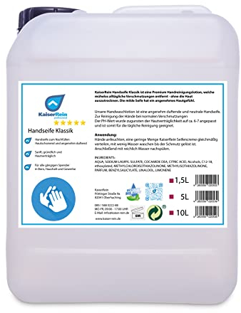KaiserRein Seife Klassik 5L ist eine Flüssigseife im Kanister auf Basis pflanzlicher Rohstoffe (Kokosölbasis) I | ohne Mineralöle, Parabene und allergieverdächtigen Duftstoffe