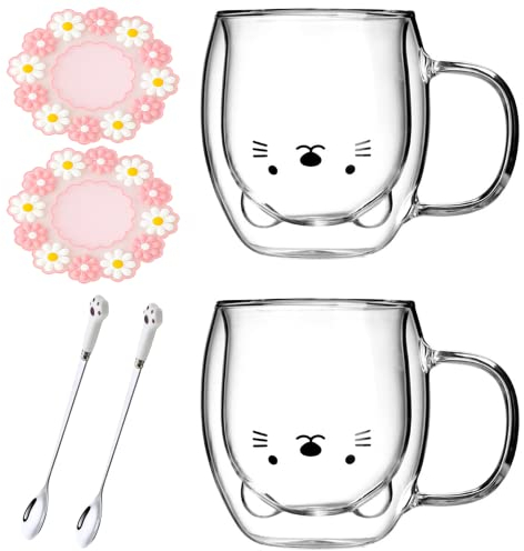 Arawat 2 Set Katzen Tasse Glas Doppelwandige Gläser Katze mit Henkel Kaffeetasse mit Löffel & Untersetzer Kaffeebecher Tassen Trinkgläser Katze Gläser Teetasse Espressotassen Geschenk für Weihnachten