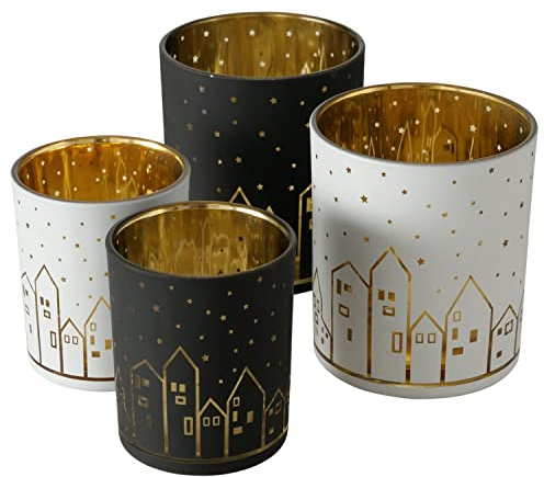 MamboCat 4tlg Set Windlicht Little Town schwarz & weiß I H8cm & H10cm I Teelichthalter aus Glas I Tisch-Deko mit Winterlandschaft, goldene Innenfläche IKerzenhalter für Wohnzimmer, Küche, Esstisch
