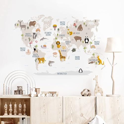 DOTUIARG Cartoon große Weltkarte Wandaufkleber Tiere Aquarell Kinder Vinyl Kinderzimmer Abziehbilder für Mädchen Zimmer Home Decor