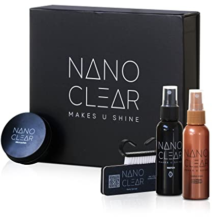 Nano Clear Uhrenreiniger & Reparatur-Set 57,57 g. Uhrenreiniger-Lösung, 57 g. Uhrenreiniger, 28.3 g. Schmuck- & Uhrenpolitur, Mikrofasertuch, Matter Schwamm, Gold, Weiß