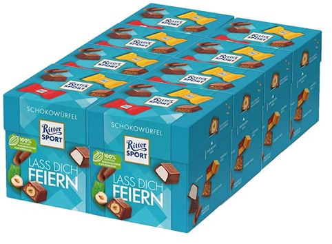 Ritter Sport Schokowürfel Lass dich feiern, Joghurt, Schoko Crisp, Mousse au Chocolat, Voll-Nuss in Nugatcreme, Karamell Duo, geeignet für Muttertag und Vatertag, 8 Boxen mit je 176 g