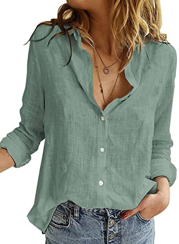 BLENCOT Damen Bluse Langarm Hemden Casual V-Ausschnitt Roll Up Ärmel Button Down Blusen Tops,XXL,Grün-3