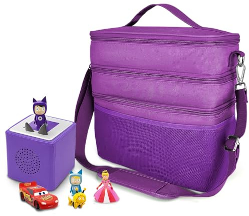 Dreifach Musikbox Tasche Kindergepäck viel Platz für Toniebox Figuren Tigerbox Transport Folie Hörfiguren Musikboxen Musikwürfel Ladegerät Kopfhörer Zubehör verstellbare Innenfächer (Lila/Stoff)