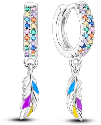 NARMO 925 Sterling Silber Dangle Drop Ohrringe - Bunte Feder Drop Hoop Ohrringe für Frauen & Mädchen mit Cubic Zirkonia und hypoallergenem Design