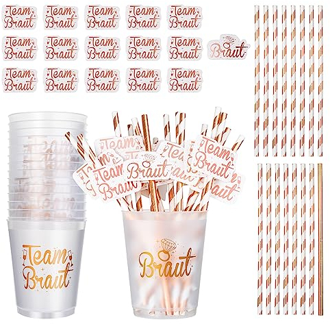 16 Stück JGA Becher Team Braut Zubehör Set für Frauen Frau, Rosegold Team Bride Tribe Plastik Cups Tassen Trinkbecher Mit Strohhalm Bride To be Aufkleber Accessoires für Junggesellenabschied Party