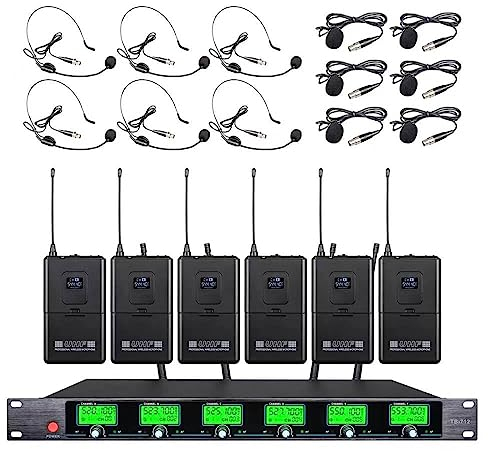 Tbaxo 6 Channel Wireless Microphone System UHF 6 Lavalier 6 Bodypacks 6 Lapel Mic 6 Headsets 6 for Karaoke System Wedding Party Meeting School Church Speaking Conference Meeting Classroom