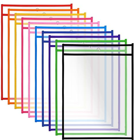 10 Pcs Reusable Dry Erase Pocket Folders 10 Colors, Plastic Paper Holders Sheet Protector, A4 Clear Dry Erase Sleeves, Write and Wipe Clean Pouches Pockets for School Work Use Supplies (PET)