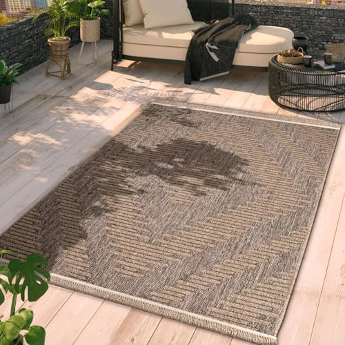 TT Home In-& Outdoor Teppich Wohnzimmer Wetterfest Balkon Boho Blattmotiv 3D Fransen, Farbe:Beige, Größe:80x150 cm