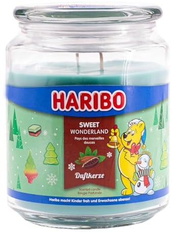 Haribo Duftkerze im Glas | Sweet Wonderland 510g | 100h Brenndauer | Duftkerze Süß | 2 Dochte | Glas | Winterduft | Geschenkidee für Weihnachten