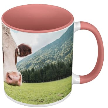 Mug de Couleur Qualité Premium Rose - Vache dans un pré Grand Angle Montagne Nuages - Tasse avec anse et intérieur de couleur