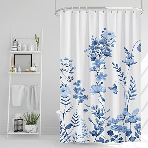 AWERT Rideau de douche demi-taille avec crochets - 122 x 183 cm - Bleu clair - Motif floral - Pour salle de bain/camping-car et camping-car
