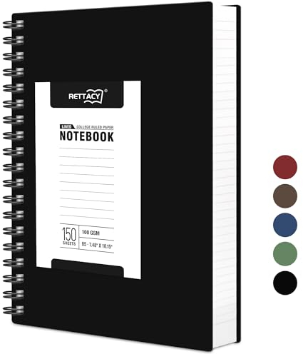 RETTACY B5 Notizblock, Notizbuch, Spiralgebundene Notizbücher, 300 Blatt/150 Seiten Zum Schreiben, 100 G/m² College-liniertes Papier, PVC-Hardcover, 19 x 25 cm - Schwarz
