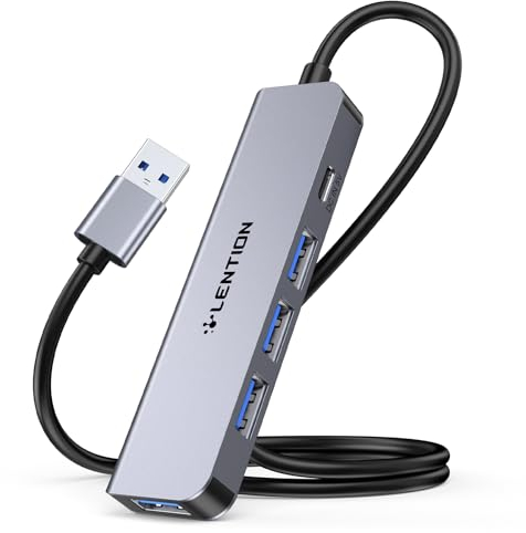 LENTION Hub USB 3.0 con Cable Largo de 60CM, Adaptador USB 3.0 Ultra Delgado con 4 Puertos USB 3.0 y Puerto de Alimentación Tipo C para Portátil, PC, MacBook, iMac, Xbox, PS4/PS5, Más (HE32 Gris)