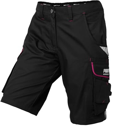 PUMA Workwear Precision X Arbeitsshorts - Kurze Arbeitshose Damen - Robustes, Flexibles Material - Cargohose mit vielen Taschen - Bequeme Passform für Handwerk & Gewerbe - Schwarz/Pink - Gr. 48