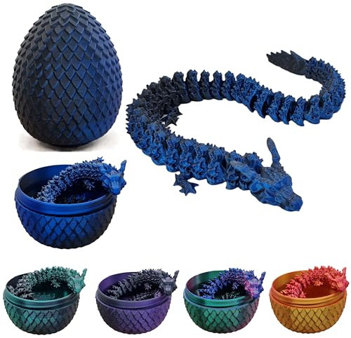 3D gedrucktes Drachenei mit Feuerdrache I Herstellung Deutschland I voll beweglicher Drache mit flexiblen Gelenken I ideal als Dekoration (schwarz/blau)